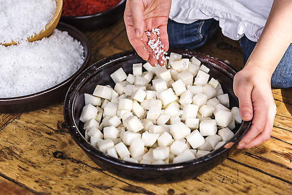 포토 식재료 김치 뿌리채소 사람 신체부위 김장 파일형식 김장재료 소금 무 깍두기 주부 손 JPG 국내포토