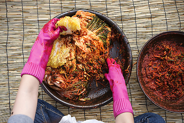 포토 JPG 손 신체부위 돗자리 주부 발효 고무장갑 배추김치 김장 발효음식 포기김치 국내포토 음식 장갑 김치 사람 고무 파일형식