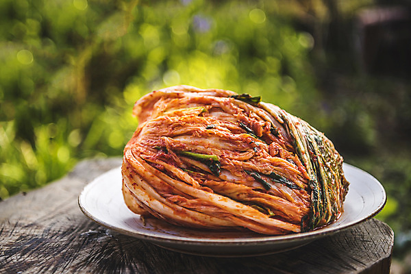 포토 JPG 주간 나무 접시 한식 사람없음 야외 정원 발효 배추김치 발효음식 포기김치 한포기 국내포토 자연요소 식물 1 식기 음식 김치 파일형식