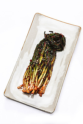 포토 JPG 스튜디오촬영 한식 실내 사람없음 흰배경 발효 파 발효음식 파김치 사각접시 국내포토 접시 음식 백그라운드 채소 김치 내부 흰색 파일형식