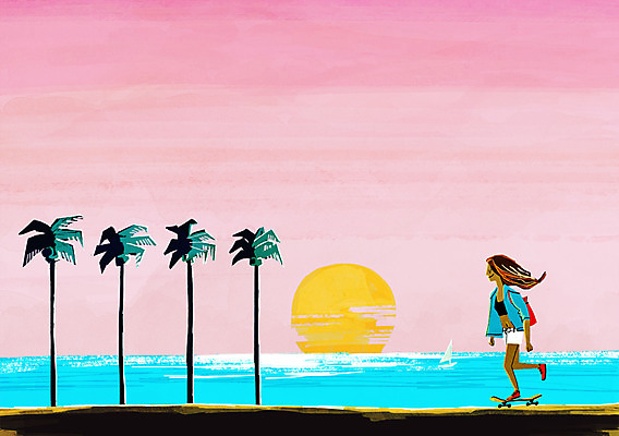 PSD 여자 바다 여행 백그라운드 일러스트 한명 풍경 해변 야자수 일몰 스케이트보드 안식처 국내일러스트 나무 1 휴식 사람 노을 보드_스포츠 파일형식