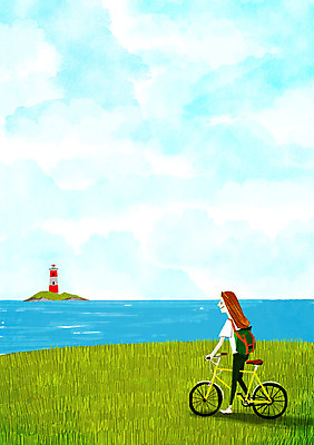 PSD 여자 바다 여행 백그라운드 일러스트 등대 한명 풍경 여름 자전거 여름풍경 언덕 안식처 여름배경 국내일러스트 1 계절 휴식 사람 바이크 파일형식 여름_계절