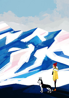 PSD 한마리 여자 여행 백그라운드 겨울 일러스트 산 한명 풍경 하이킹 시베리안허스키 겨울배경 국내일러스트 1 계절 레저 사람 개 파일형식