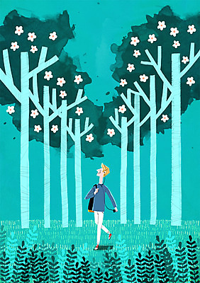 PSD 남자 음악 백그라운드 일러스트 휴식 꽃나무 한명 풍경 걷기 산책 듣기 가로수 안식처 국내일러스트 나무 1 꽃 컨셉 모션 문화예술 사람 파일형식