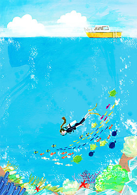 PSD 여자 바다 여행 백그라운드 일러스트 어류 한명 풍경 여름 바닷속 수영 여름풍경 바위 보트 해조류 스쿠버다이빙 안식처 여름배경 국내일러스트 1 계절 배_교통 휴식 사람 수중 수중동물 돌_바위 수상스포츠 해양식물 파일형식 여름_계절