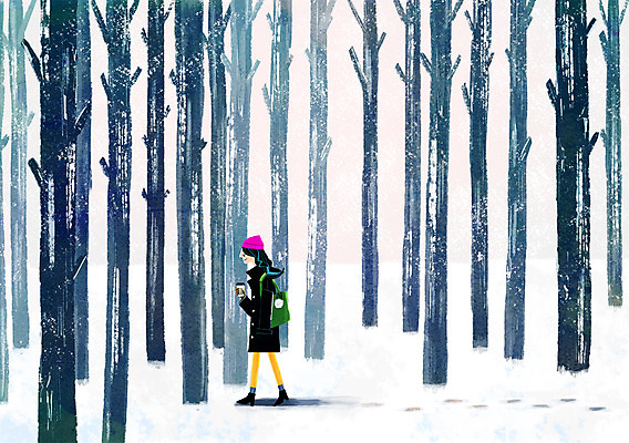 PSD 나무 여자 커피 여행 백그라운드 겨울 일러스트 한명 풍경 설원 산책 숲속 발자국 안식처 겨울배경 국내일러스트 식물 1 계절 음료 자국 휴식 눈_날씨 사람 숲 파일형식