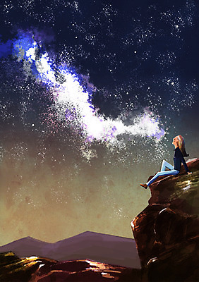 PSD 여자 별 백그라운드 일러스트 밤하늘 휴식 산 한명 풍경 새벽 감상 바위 언덕 은하수 안식처 국내일러스트 자연요소 1 컨셉 자연 하늘 사람 돌_바위 야간 파일형식