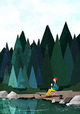 PSD 남자 호수 여유 커피 백그라운드 일러스트 낚시 한명 풍경 바위 숲 안식처 국내일러스트 1 감정 음료 레저 휴식 사람 돌_바위 파일형식