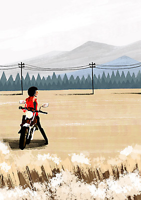 PSD 여자 백그라운드 일러스트 산 한명 풍경 초원 오토바이 가을 승차 전봇대 가을배경 국내일러스트 1 계절 공공시설 모션 사람 바이크 파일형식 가을_계절