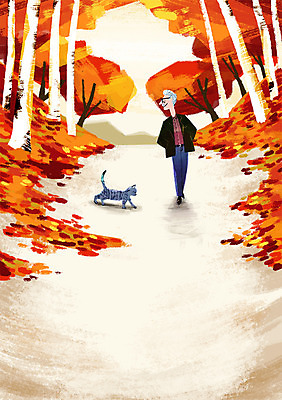 PSD 한마리 할아버지 노년 남자 길 백그라운드 단풍 일러스트 한명 풍경 고양이 산책 가을 가을배경 국내일러스트 1 계절 잎 포유류 휴식 사람 성인 반려동물 파일형식 가을_계절