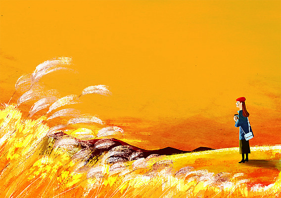 PSD 여자 여유 커피 백그라운드 일러스트 한명 풍경 일몰 감상 가을 갈대밭 가을배경 국내일러스트 1 계절 감정 음료 사람 노을 파일형식 가을_계절 갈대_식물