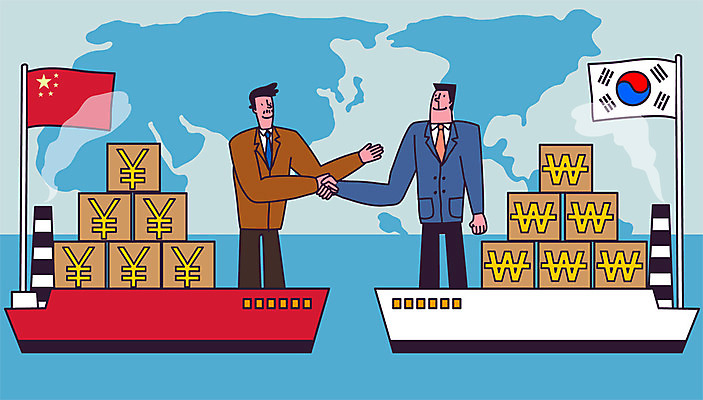 전신 남자 바다 지도 일러스트 악수 한국 서기 성인 두명 경제 중국 비즈니스맨 원화 화폐기호 국기 태극기 오성홍기 무역 선박 위안화 국내일러스트 AI파일 기호 산업 아시아 수상교통 돈 비즈니스 모션 사람 손짓 직장인 화폐 파일형식 벡터