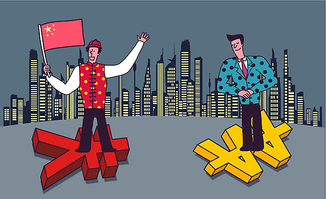 전신 남자 야경 일러스트 한국 빌딩 성인 두명 경제 중국 도시 비즈니스맨 원화 화폐기호 오성홍기 무역 위안화 국내일러스트 AI파일 기호 산업 아시아 돈 비즈니스 사람 건물 직장인 국기 야간 화폐 파일형식 벡터 풍경_경치