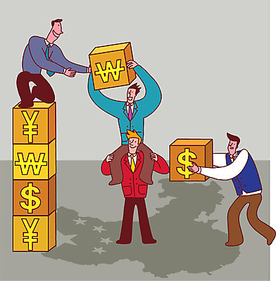 남자 지도 일러스트 협력 한국 여러명 성인 경제 달러 중국 성장 비즈니스맨 원화 블록쌓기 파트너십 위안화 국내일러스트 AI파일 아시아 다수 돈 비즈니스 사람 쌓기 블록 직장인 파일형식 벡터