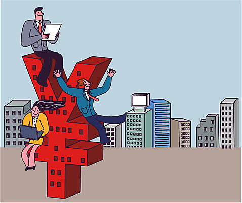 전신 여자 남자 일러스트 들기 앉기 빌딩 성인 세명 경제 노트북 손들기 도시 비즈니스맨 비즈니스우먼 화폐기호 위안화 국내일러스트 AI파일 기호 돈 비즈니스 모션 사람 건물 전자제품 직장인 화폐 파일형식 벡터