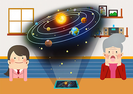 PSD 학생 여자 할머니 일러스트 청소년 정보기술 상반신 두명 태블릿 우주 놀람 방 신기함 IT라이프 태양계 홀로그램 여자만 국내일러스트 라이프스타일 노년 감정 컨셉 기술 표정 사람 전자제품 스마트기기 파일형식