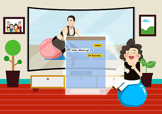 PSD 여자 일러스트 정보기술 한명 성인 운동 텔레비전 방 짐볼 가족사진 주부 IT라이프 메신저 채팅 국내일러스트 1 라이프스타일 가족 기술 건강 사람 전자제품 파일형식 단체사진