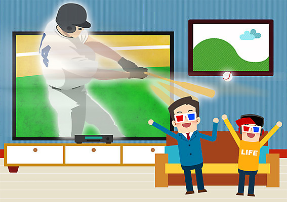 PSD 남자 아들 일러스트 응원 정보기술 두명 소파 야구 아빠 즐거움 IT라이프 3D안경 스마트TV 남자만 국내일러스트 라이프스타일 감정 안경 의자 가족 기술 사람 구기 텔레비전 파일형식
