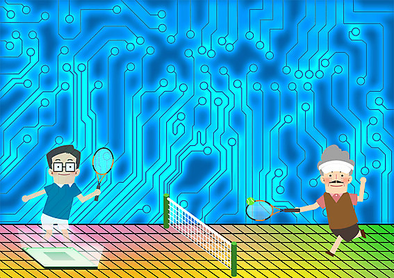 PSD 할아버지 노년 남자 일러스트 정보기술 성인 두명 테니스 반도체 IT라이프 홀로그램 남자만 국내일러스트 라이프스타일 기술 사람 구기 파일형식