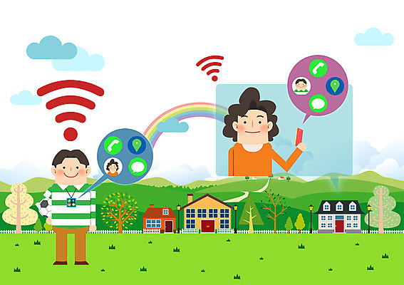 PSD 여자 남자 아들 어린이 무지개 일러스트 엄마 정보기술 성인 두명 와이파이 IT라이프 위치추적 웨어러블 국내일러스트 자연요소 라이프스타일 가족 기술 사람 무선인터넷 추적 파일형식