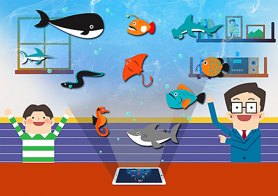 PSD 남자 어린이 여러마리 일러스트 정보기술 어류 성인 두명 태블릿 장어 고래 IT라이프 상어 해마 홀로그램 국내일러스트 라이프스타일 다수 포유류 기술 사람 전자제품 스마트기기 바다동물 수중동물 파일형식