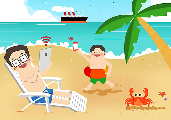 PSD 남자 아들 일러스트 정보기술 해변 두명 스마트폰 태블릿 야자수 꽃게 아빠 와이파이 IT라이프 국내일러스트 나무 라이프스타일 바다 가족 기술 사람 전자제품 핸드폰 스마트기기 게 무선인터넷 파일형식