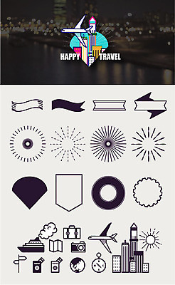 리본 지도 일러스트 비행기 사람없음 세트 라벨 카메라 캐리어 도시 표지판 나침반 여권 선박 썬버스트 국내일러스트 AI파일 디자인 수상교통 항공교통 대중교통 프레임 알림판 전자제품 여행가방 파일형식 벡터