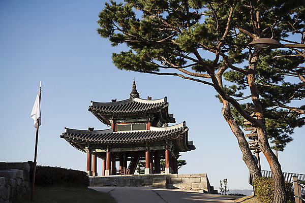 포토 JPG 주간 한국전통 길 고건축 풍경 사람없음 야외 세계문화유산 깃발 소나무 벽돌담 수원 화성시 국내포토 자연요소 나무 전통 건축물 벽돌 한국 담장 문화재 경기도 파일형식