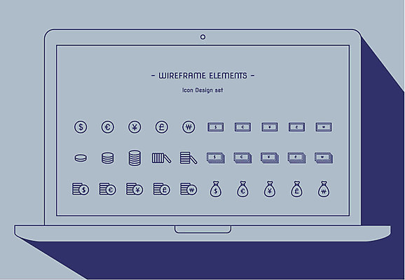 아이콘 지폐 사람없음 노트북 세트 달러 동전 유로 원화 엔 주머니 레이아웃 UI 엘리먼트 목업 와이어프레임 2D아이콘 AI파일 돈 전자제품 파일형식 벡터