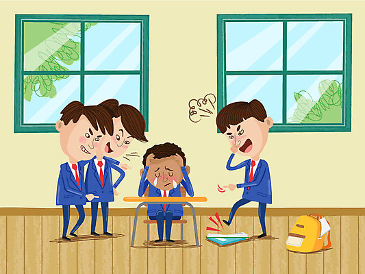 전신 남자 교복 흑인 가방 일러스트 교실 중학생 고등학생 어깨동무 고등학교 서기 여러명 책 좌절 무서움 눈물 책상 밟기 중학교 웅크림 따돌림 왕따 욕설 인종차별 학교폭력 국내일러스트 AI파일 서양인 학생 잡화 옷 교육 감정 포즈 가구 다수 컨셉 학교 모션 청소년 사람 폭력 차별 파일형식 벡터