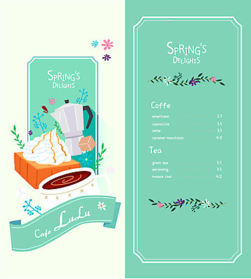 꽃 커피 일러스트 디저트 사람없음 봄 카페 풀잎 차 각설탕 커피메이커 가격표 메뉴판 풀꽃 허니브레드 국내일러스트 AI파일 식물 계절 음료 음식 잎 상점 풀_식물 설탕 커피용품 파일형식 벡터