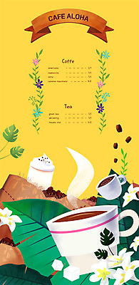 PSD 꽃 커피 일러스트 나뭇잎 사람없음 카페 원두 차 수증기 커피잔 각설탕 가격표 메뉴판 풀꽃 휘핑크림 국내일러스트 식물 음료 잎 잔 상점 설탕 크림 휘핑 파일형식