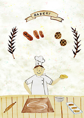PSD 남자 일러스트 도마 한명 빵집 밀가루 밀대 밀가루반죽 꽈배기빵 제빵사 국내일러스트 직업 1 빵 주방용품 사람 상점 가루 반죽 파일형식