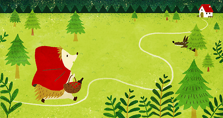 PSD 나무 두마리 일러스트 상상 주택 사람없음 바구니 산속 숲길 늑대 고슴도치캐릭터 빨간망토 빨간모자소녀 빨간모자와늑대 숨기 패러디 국내일러스트 식물 길 동물캐릭터 2 포유류 모션 동화 산 건물 망토 고슴도치 파일형식