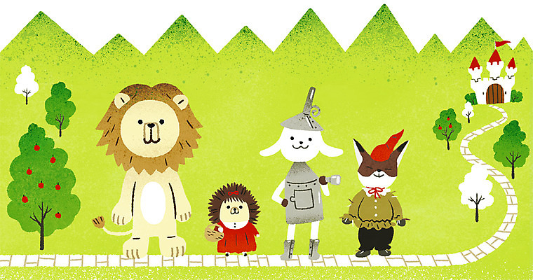 PSD 여러마리 일러스트 상상 동화 산 사람없음 토끼 성 사자 사과나무 늑대 고슴도치 도로시 돌길 양철나무꾼 오즈의마법사 패러디 국내일러스트 나무 건축물 길 다수 포유류 반려동물 사과 파일형식