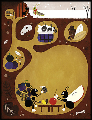 PSD 겨울 여러마리 일러스트 상상 동화 나뭇잎 사람없음 와인 이불 눈 체리 사과 땅 개미 개미와베짱이 땅굴 땅속 배짱이 패러디 국내일러스트 자연요소 계절 다수 곤충 잎 과일 침구 날씨 주류 파일형식