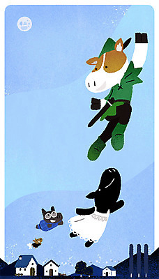 PSD 일러스트 상상 하늘 동화 사람없음 마을 비행 소 늑대 패러디 피터팬 국내일러스트 포유류 파일형식