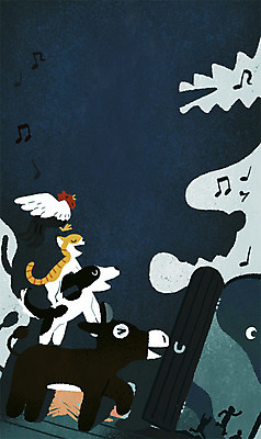 PSD 음표 여러마리 일러스트 노래 상상 동화 사람없음 고양이 닭 악단 개 당나귀 패러디 브레멘 브레멘음악대 국내일러스트 기호 음악 다수 포유류 조류 독일 반려동물 말_동물 파일형식