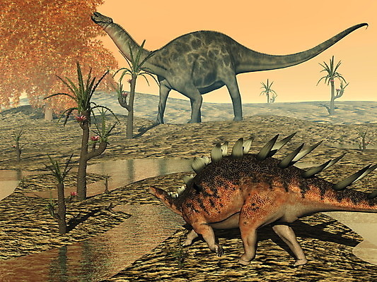 JPG 해외이미지 나무 두마리 사람없음 그래픽 초록색 물 3D 일몰 공룡 켄트로사우루스 해외202004 해외포토 포토 자연요소 식물 컬러 2 파충류 노을 디지털합성 파일형식 이미지허브