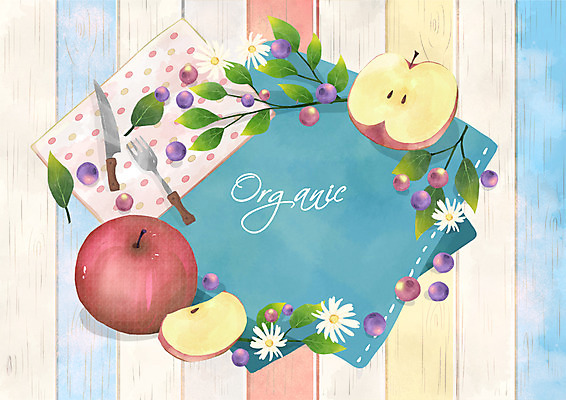 PSD 포크 일러스트 프레임 사람없음 칼 사과 유기농 블루베리 손수건 국내일러스트 식기 웰빙 과일 파일형식