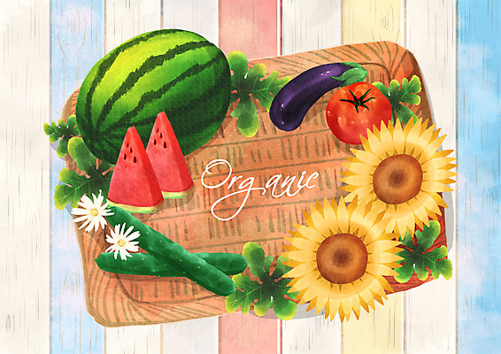 PSD 토마토 일러스트 가지 해바라기 여름음식 오이 수박 프레임 사람없음 여름 유기농 제철음식 제철과일 국내일러스트 웰빙 계절 꽃 음식 채소 과일 제철 파일형식 여름_계절