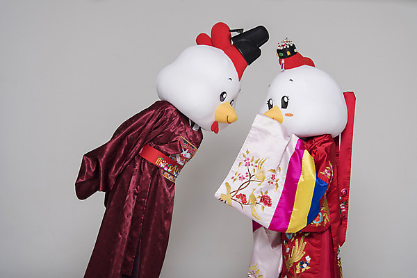 포토 JPG 스튜디오촬영 커플 여자 남자 결혼 새해 실내 상반신 두명 옆모습 30대 마주보기 닭띠 닭 한복 수줍음 전통혼례 닭캐릭터 혼례복 닭머리 동물탈 인형탈 성인만 정유년 국내포토 한국전통 감정 뷰포인트 동물캐릭터 관계 모션 조류 사람 이벤트 내부 장년 십이지신 전통의상 전통의례 탈 파일형식 2017년