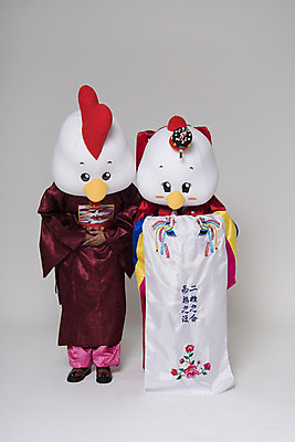 포토 JPG 스튜디오촬영 전신 커플 여자 남자 결혼 새해 실내 두명 앞모습 30대 인사 닭띠 닭 한복 전통혼례 닭캐릭터 손모으기 혼례복 닭머리 동물탈 인형탈 성인만 정유년 국내포토 한국전통 뷰포인트 동물캐릭터 관계 조류 사람 손짓 이벤트 내부 장년 십이지신 예절 전통의상 전통의례 탈 파일형식 2017년