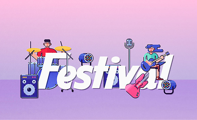 디자인 영어 여자 남자 일러스트 조명 성인 타이포그라피 두명 스피커 무대 플랫 일렉기타 스탠드마이크 드럼 앰프 락페스티벌 무대장치 베이스기타 음악축제 국내일러스트 AI파일 문자 음악 음향기기 타악기 사람 축제 장비 기타 마이크 파일형식 벡터