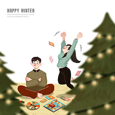 전신 PSD 커플 여자 남자 행복 겨울 일러스트 사랑 앉기 성인 두명 아웃포커스 크리스마스트리 기쁨 우승 보드게임 국내일러스트 계절 감정 크리스마스 관계 모션 놀이 촬영기법 사람 최고 파일형식