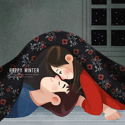 PSD 커플 여자 남자 행복 겨울 일러스트 창문 따뜻함 사랑 상반신 성인 두명 눕기 마주보기 이불 눈 감성 국내일러스트 자연요소 계절 감정 컨셉 관계 침구 모션 날씨 사람 파일형식