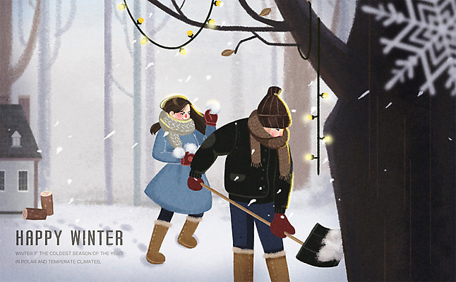 전신 PSD 나무 커플 여자 남자 행복 겨울 일러스트 장난 주택 눈꽃 서기 성인 두명 눈 청소 감성 눈싸움 꼬마전구 국내일러스트 자연요소 식물 계절 감정 컨셉 전구 관계 모션 날씨 눈_날씨 사람 건물 싸움 파일형식