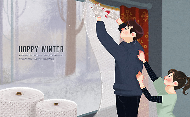 PSD 커플 여자 남자 행복 겨울 일러스트 창문 협력 서기 상반신 성인 두명 눈 커튼 붙이기 에어캡 국내일러스트 자연요소 계절 감정 관계 모션 날씨 사람 파일형식
