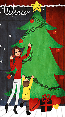 전신 PSD 여자 남자 어린이 크리스마스 겨울 일러스트 집안 선물 성인 두명 생활 장식 크리스마스트리 눈 꾸미기 국내일러스트 자연요소 계절 기념일 날씨 실내 사람 파일형식