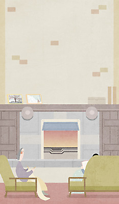 전신 PSD 여자 겨울 일러스트 집안 벽돌 성인 두명 책 소파 뜨개질 벽난로 안식처 국내일러스트 계절 의자 휴식 실내 사람 취미 파일형식